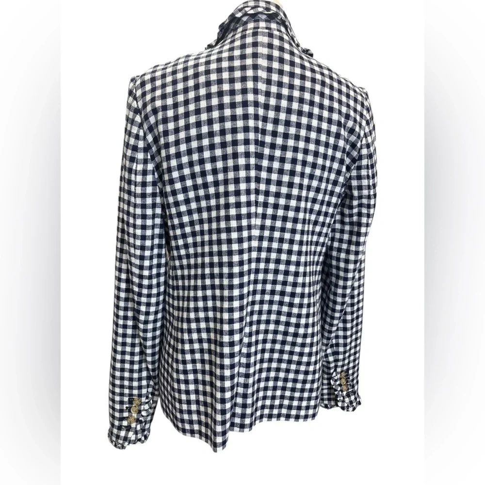 Crown & Ivy Navy Gingham Linen Cotton Blazer Ruffle Trim Size 8 - Picture 7 of 11